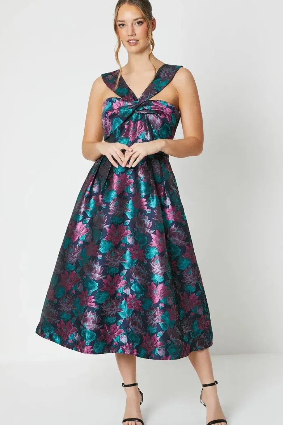 Twist Bodice Jacquard Midi Dress