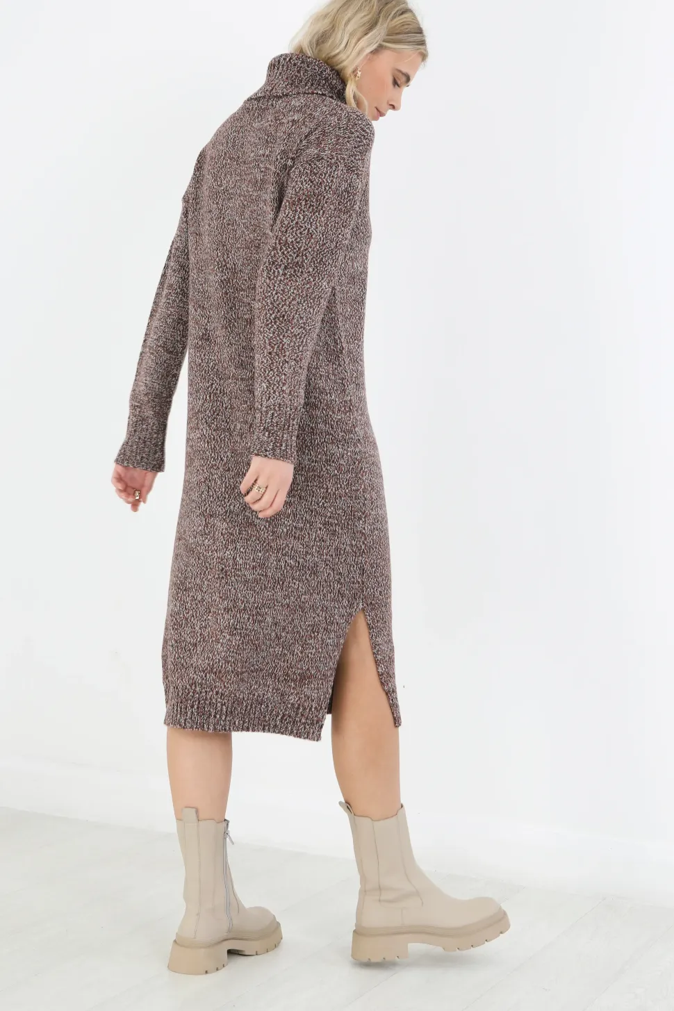 Twisted Knit Roll Neck Midi Jumper Dress