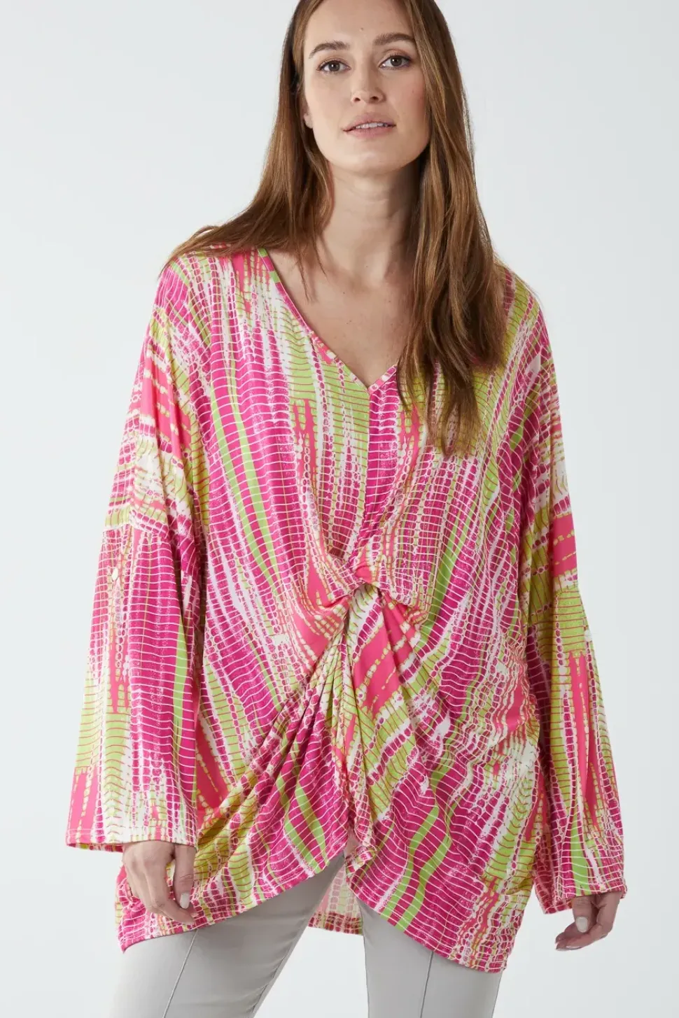 Twist Front Abstract Print Long Sleeve Top