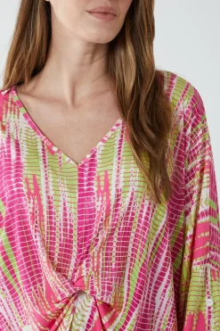 Twist Front Abstract Print Long Sleeve Top