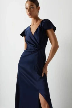 Twist Front Angel Sleeve Bridesmaid Maxi Dress