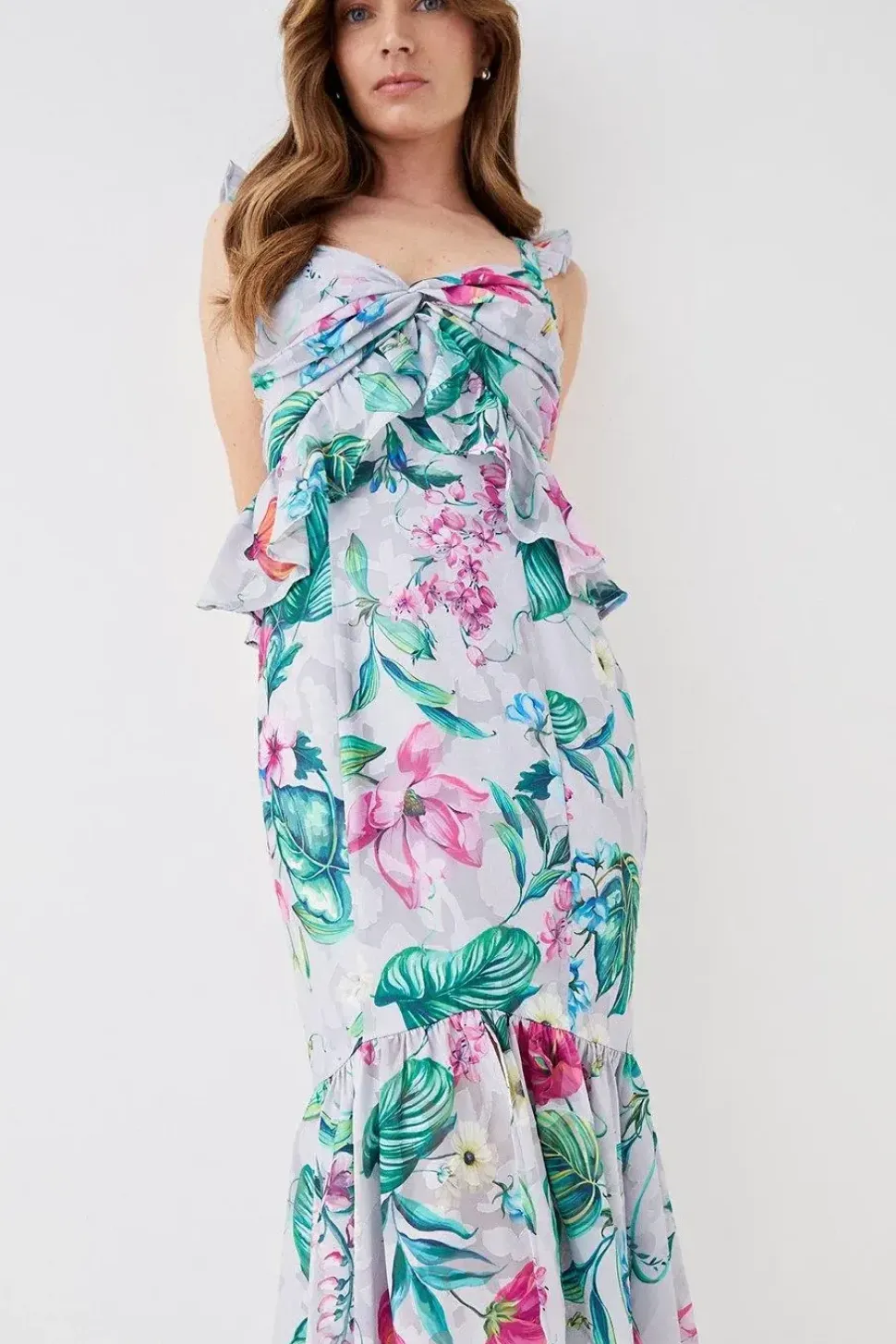 Twist Front Georgette Jacquard Midi Dress