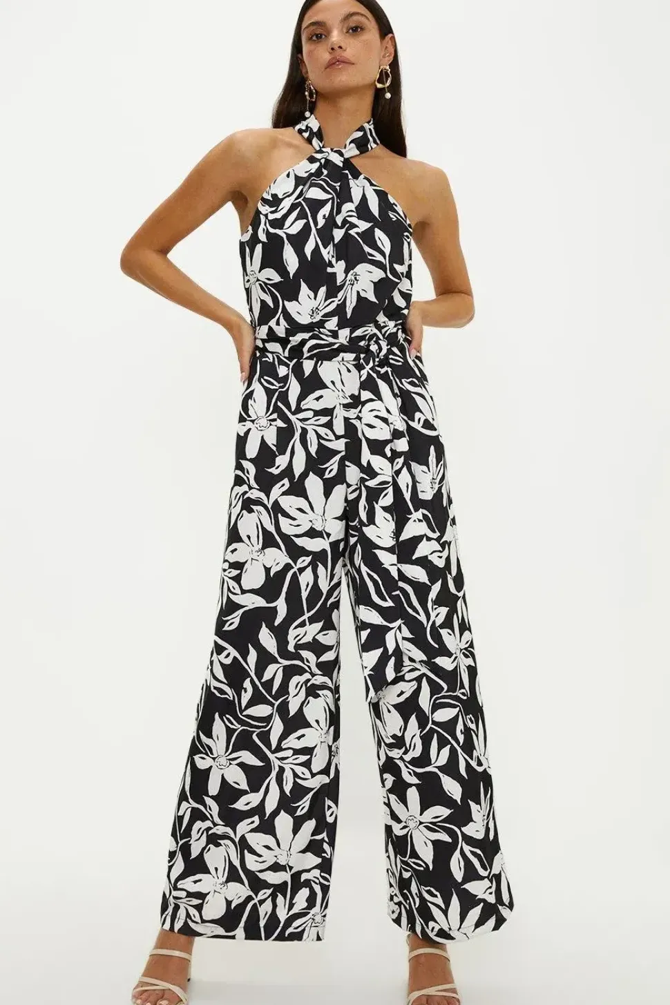 Twist Neck Black Mono Print Satin Halter Jumpsuit