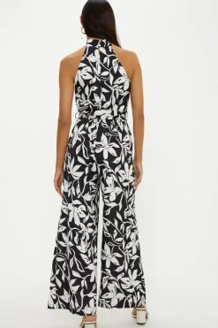 Twist Neck Black Mono Print Satin Halter Jumpsuit