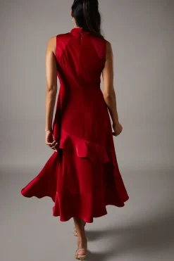 Twist Neck Ruffle Detail Satin Back Crepe Midi Dress