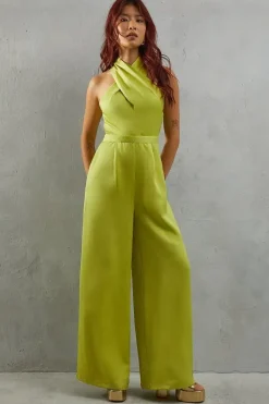 Twist Neck Satin Wide Leg Jumpsuit