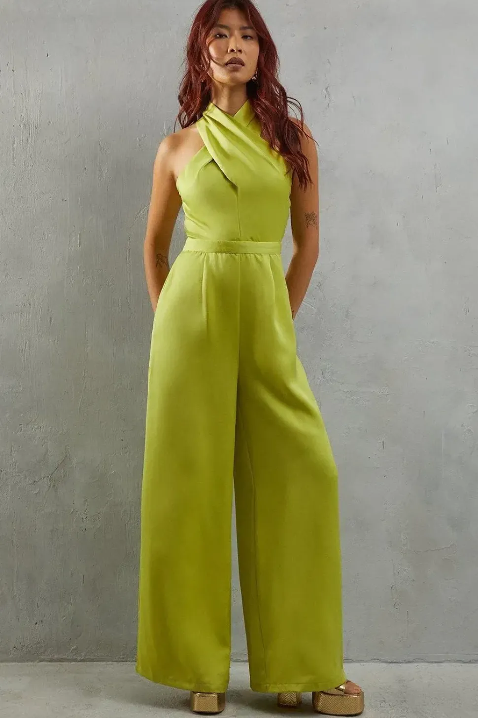 Twist Neck Satin Wide Leg Jumpsuit