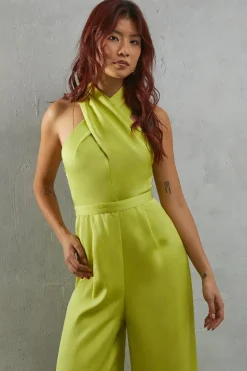Twist Neck Satin Wide Leg Jumpsuit
