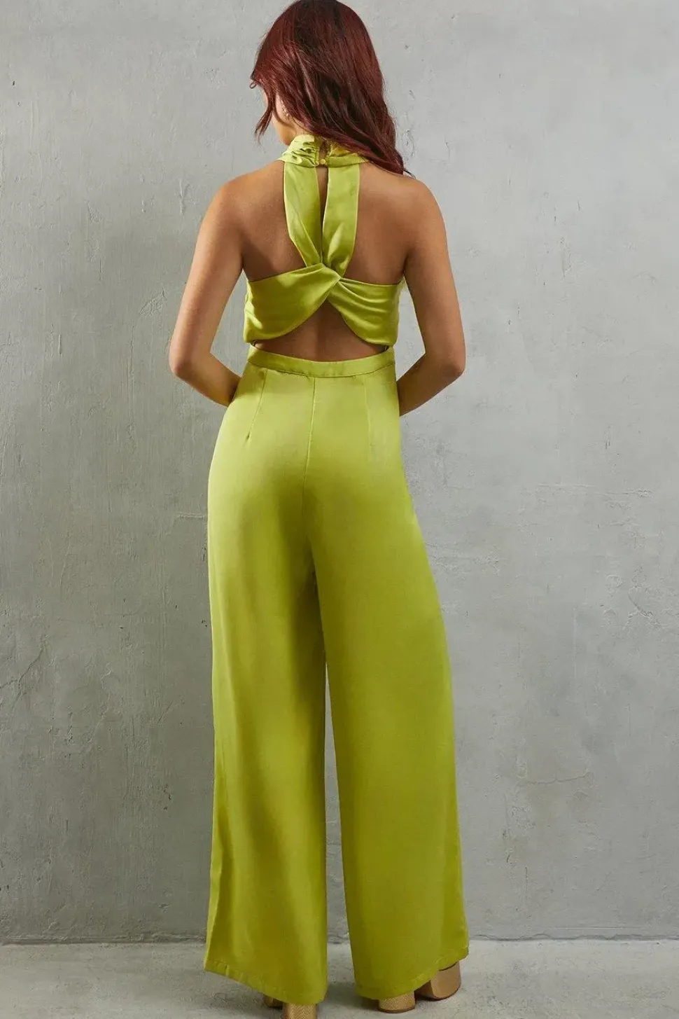 Twist Neck Satin Wide Leg Jumpsuit