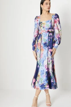 Twist Waist Georgette Jacquard Piped Detail Midi Dress