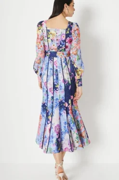 Twist Waist Georgette Jacquard Piped Detail Midi Dress