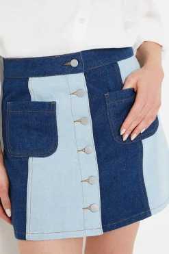 Two Tone Denim Button Through Mini Skirt