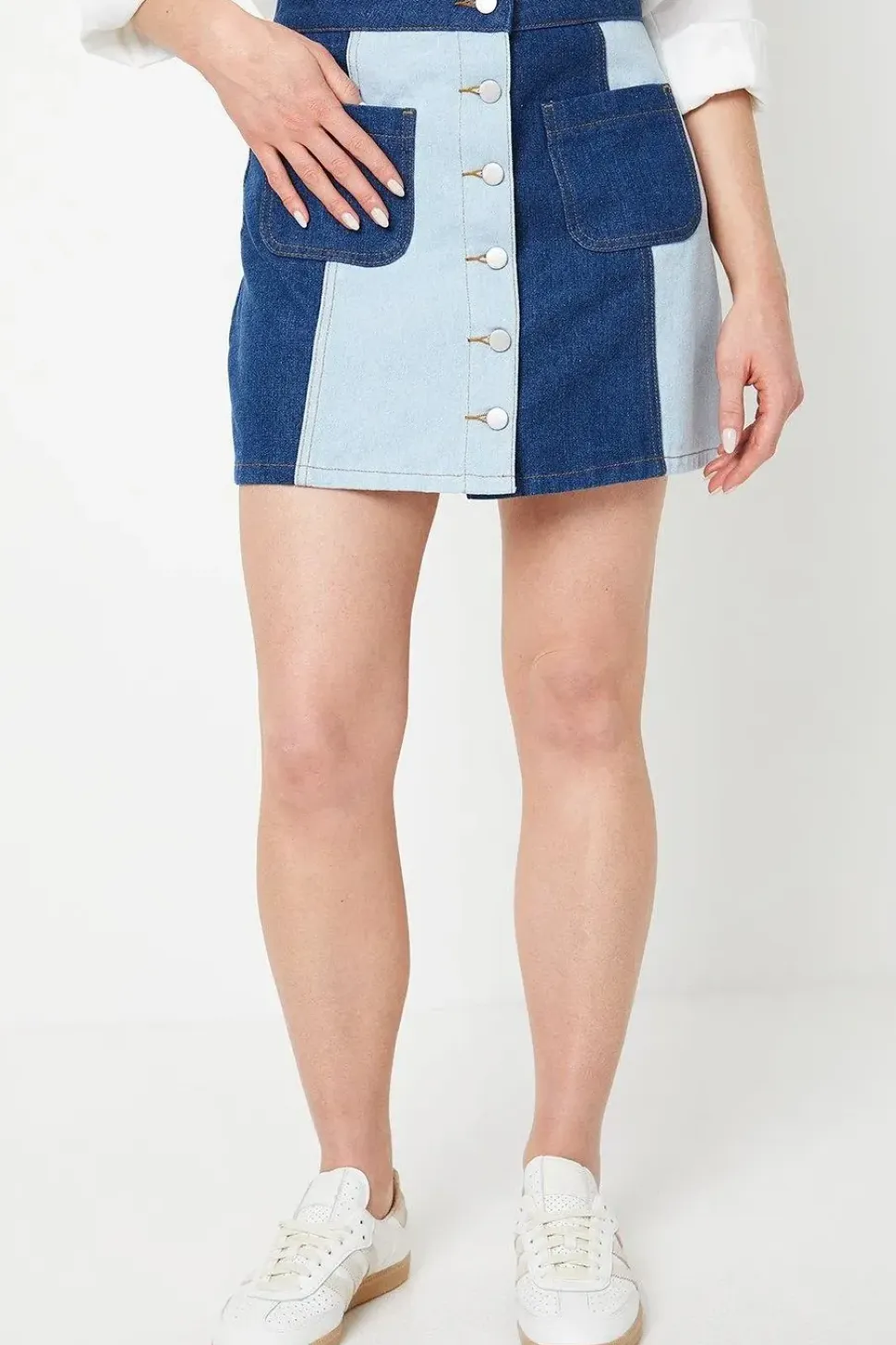 Two Tone Denim Button Through Mini Skirt