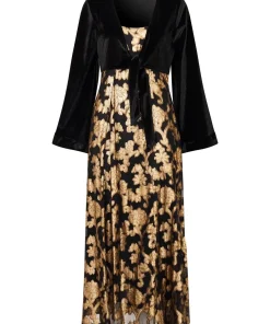 Velour Kimono Sleeve V- Neck Appliqué Maxi Dress