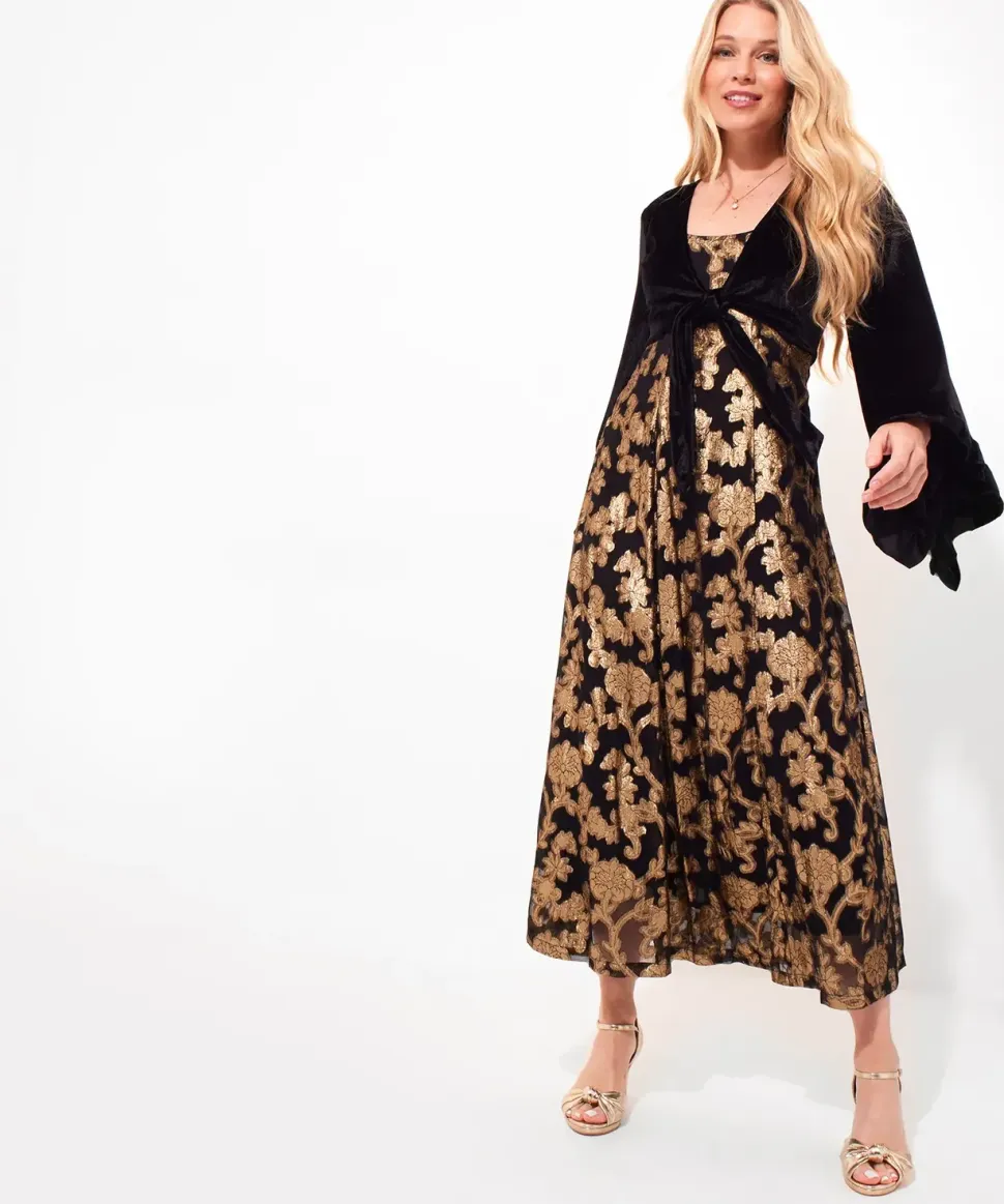 Velour Kimono Sleeve V- Neck Appliqué Maxi Dress