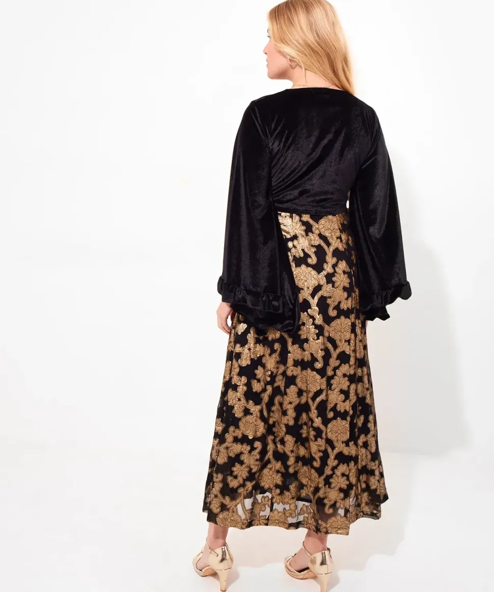 Velour Kimono Sleeve V- Neck Appliqué Maxi Dress