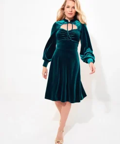 Velour Knee-Length Dress with Keyhole Neckline