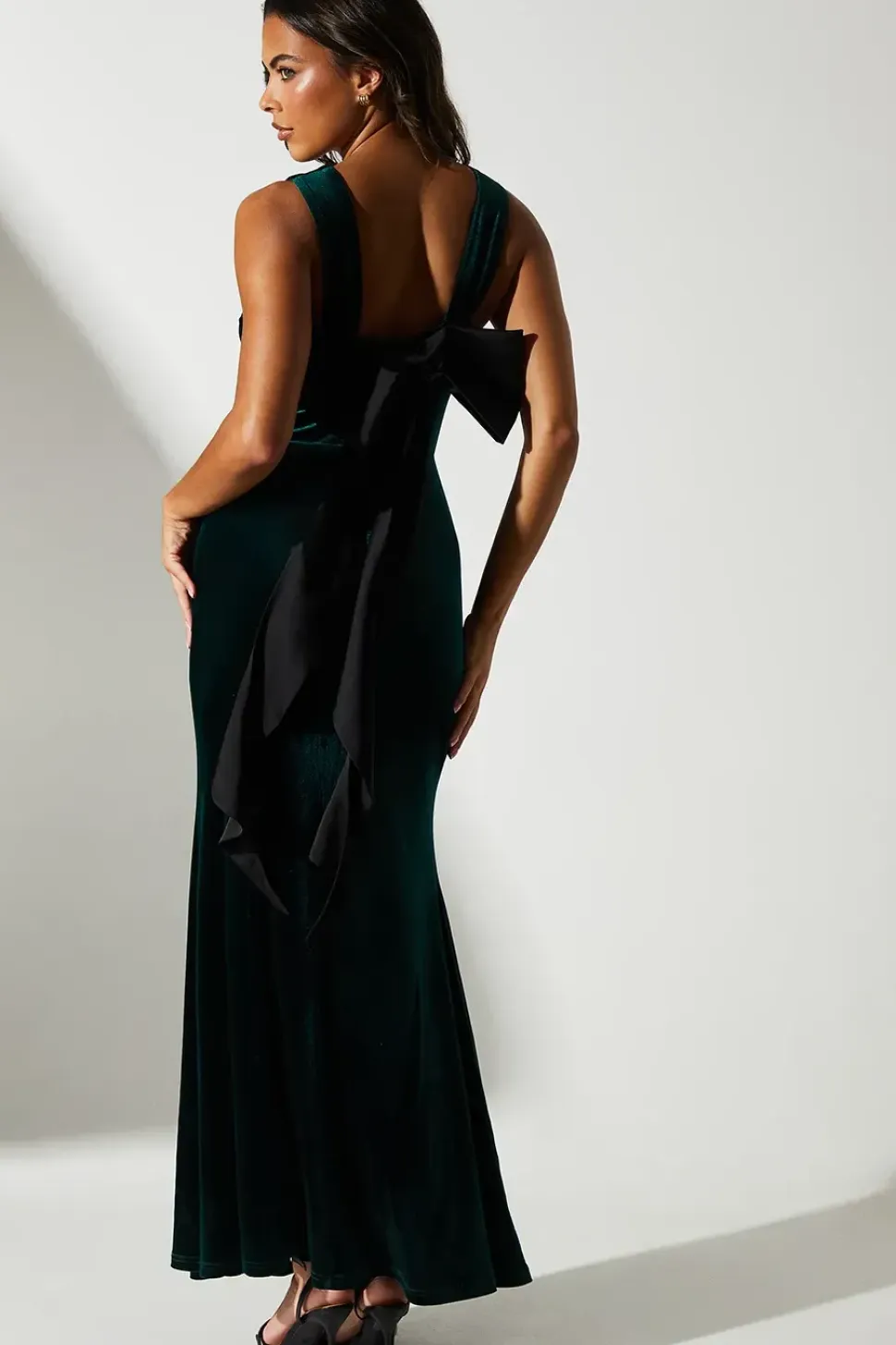 Velvet And Satin Bow Back Detail Maxi Dress