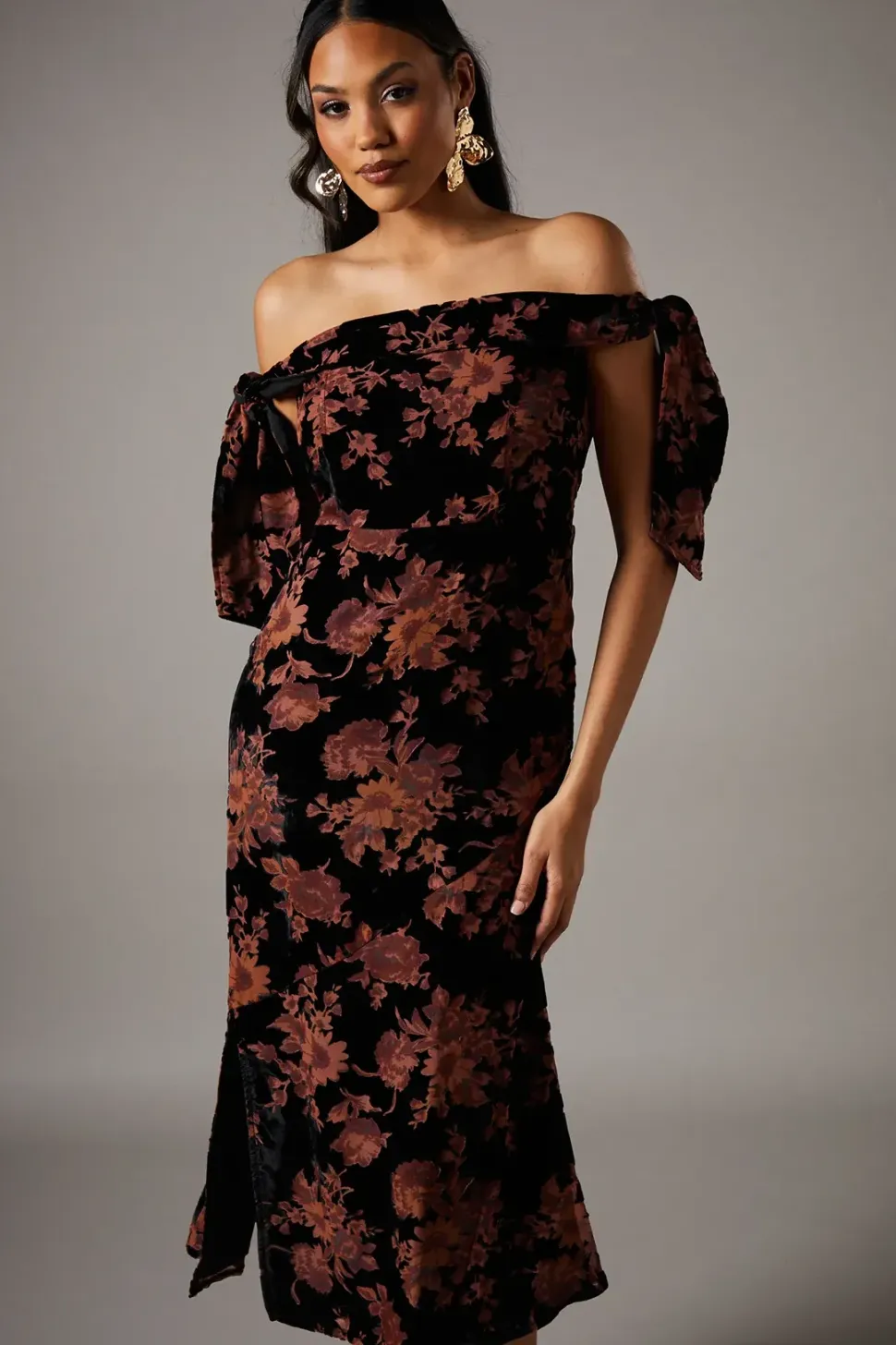 Velvet Bardot Midi Wedding Guest Dress