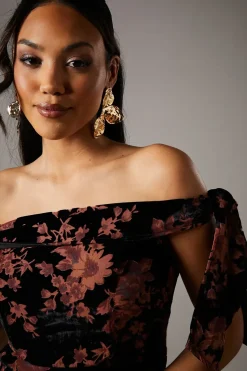 Velvet Bardot Midi Wedding Guest Dress