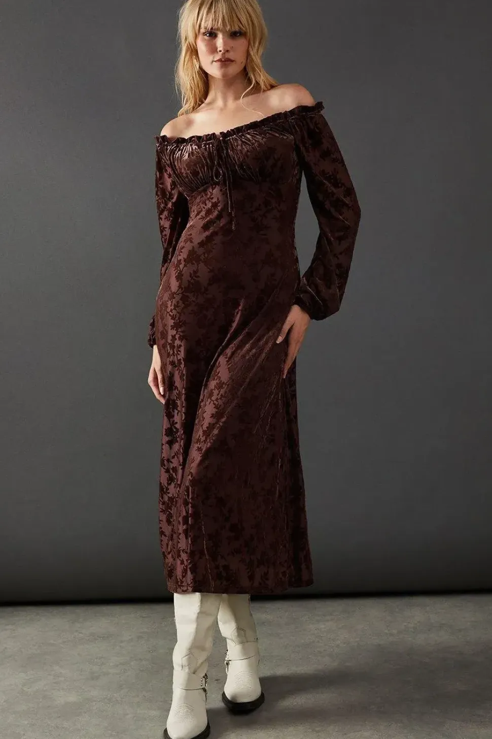 Velvet Bardot Tie Front Midi Dress