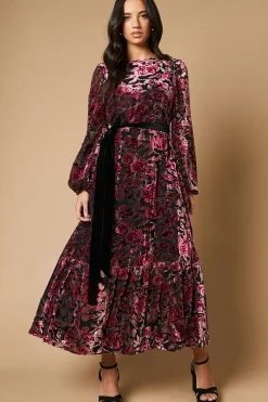 Velvet Contrast Belted Maxi Dress