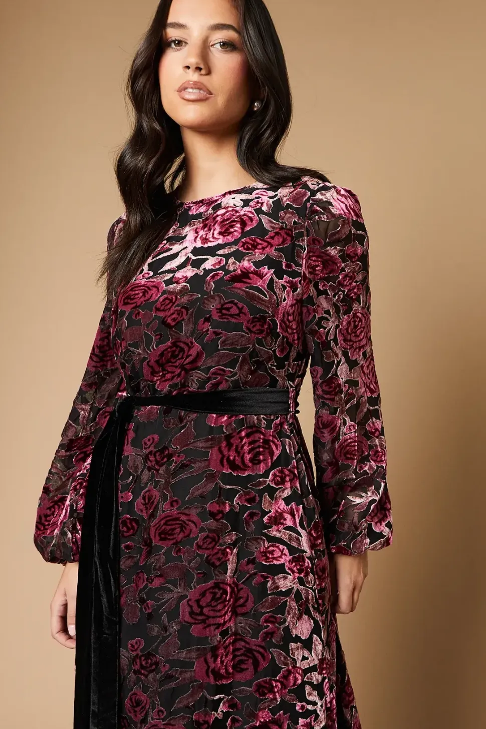 Velvet Contrast Belted Maxi Dress