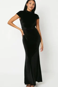Velvet Cowl Back Maxi Dress with  Cap Sleeve