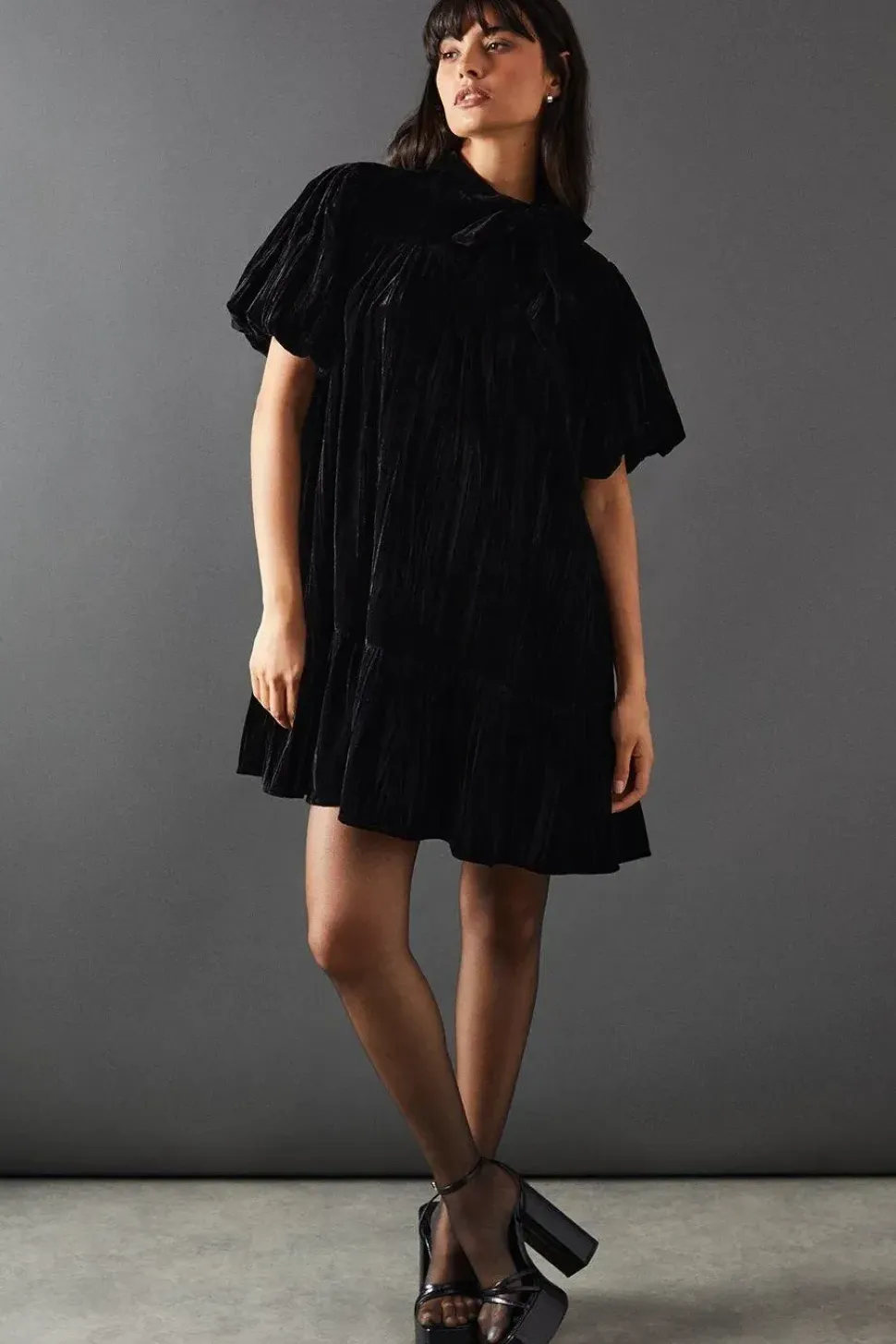 Velvet Crinkle Tie Neck Puff Sleeve Tier Hem Mini Dress