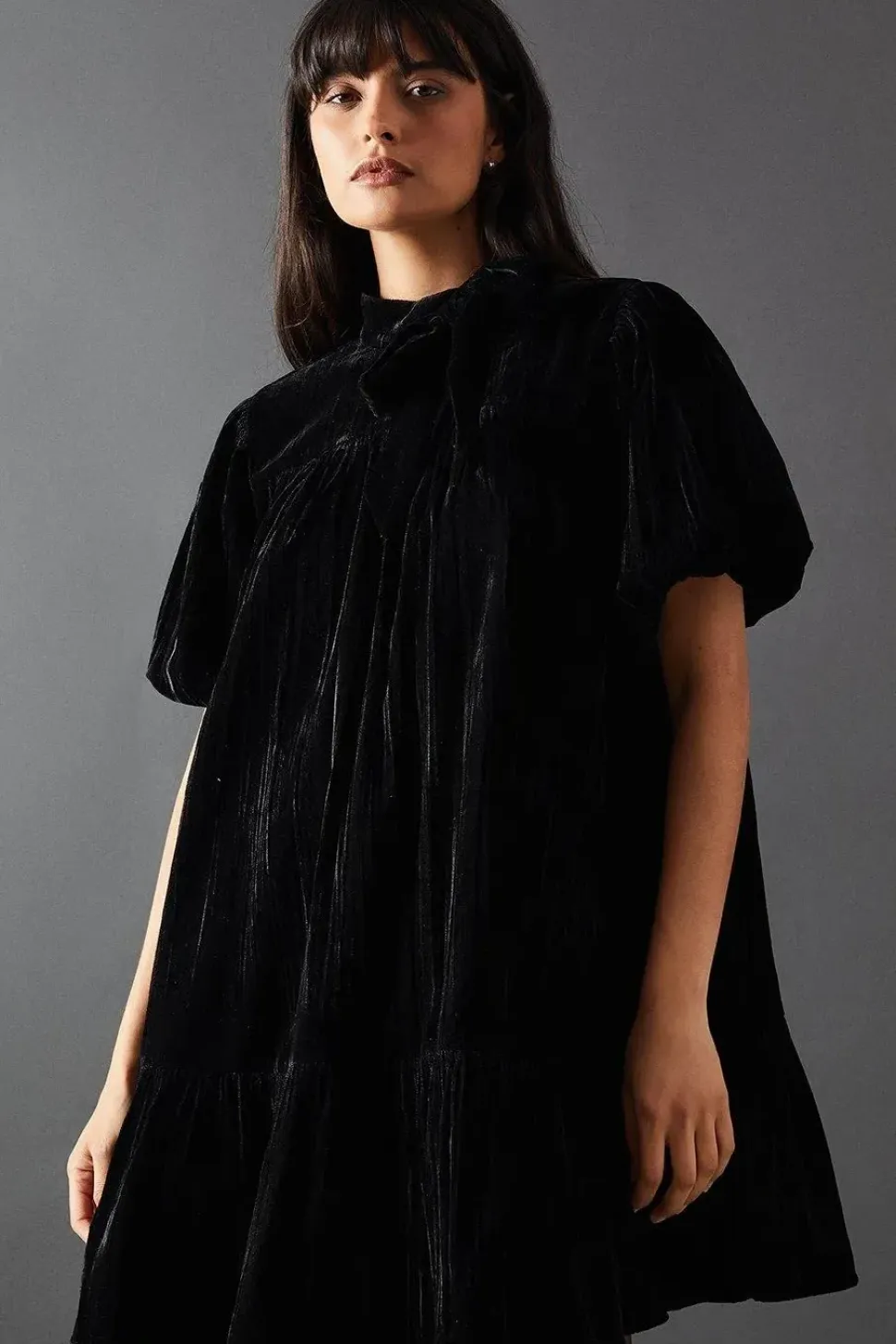 Velvet Crinkle Tie Neck Puff Sleeve Tier Hem Mini Dress
