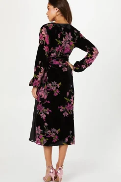 Velvet Devore Blouson Sleeve Wrap Dress