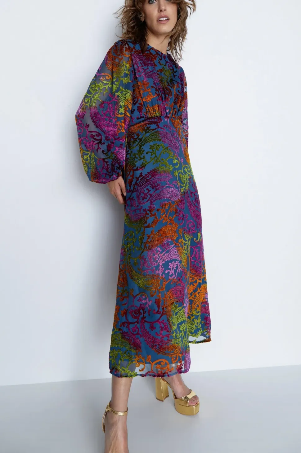 Velvet Devore Puff Sleeve Midi Dress
