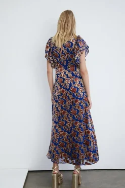 Velvet Devore Ruffle Sleeve Maxi Dress