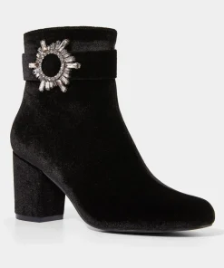 Velvet Diamanté Buckle Chunky Ankle Boots