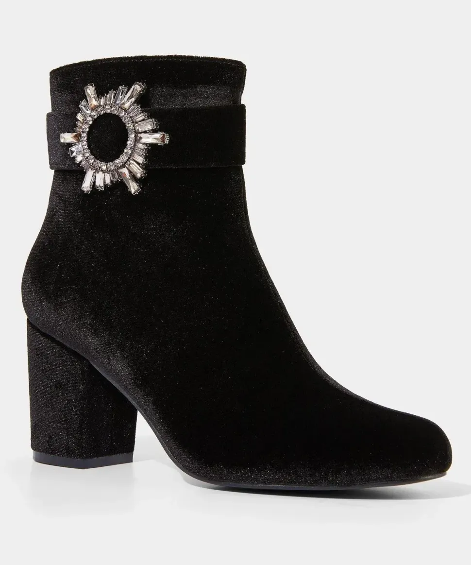 Velvet Diamanté Buckle Chunky Ankle Boots