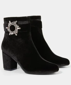 Velvet Diamanté Buckle Chunky Ankle Boots