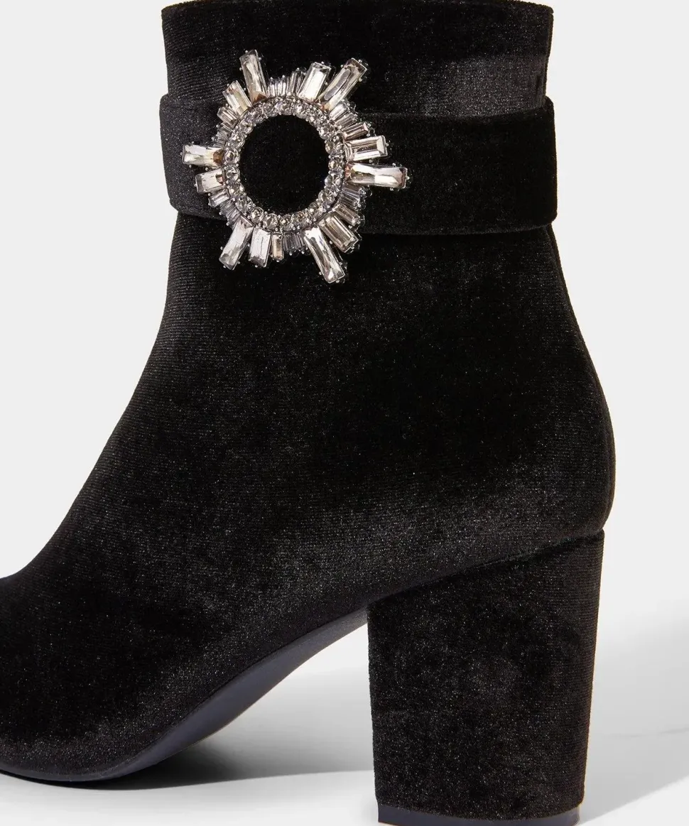Velvet Diamanté Buckle Chunky Ankle Boots