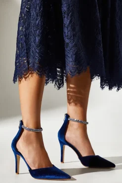 Velvet Diamante Ankle Strap Pointed Court Shoes
