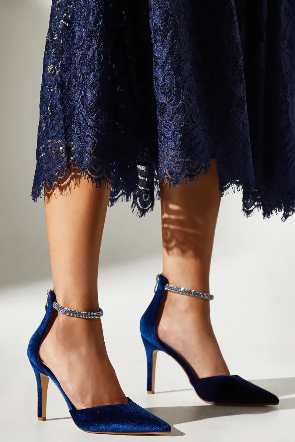 Velvet Diamante Ankle Strap Pointed Court Shoes
