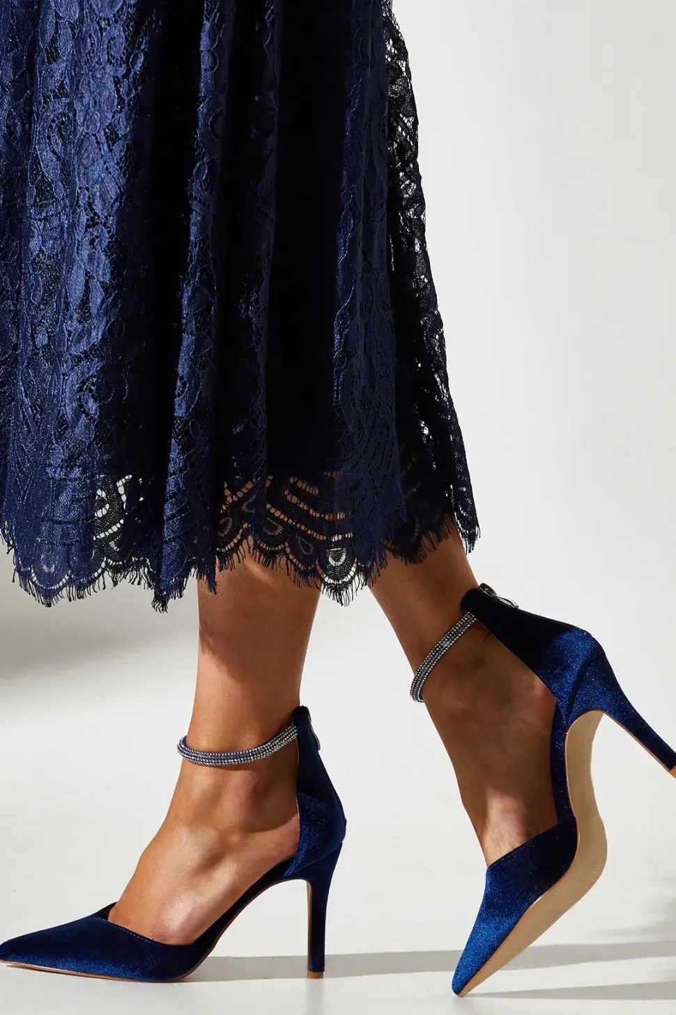 Velvet Diamante Ankle Strap Pointed Court Shoes