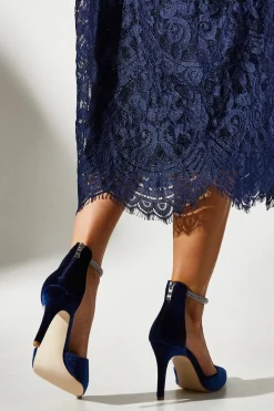 Velvet Diamante Ankle Strap Pointed Court Shoes