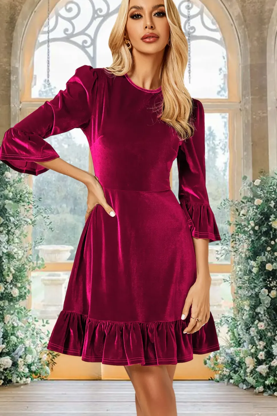 Velvet Frill Detail Mini Dress In Violet Red