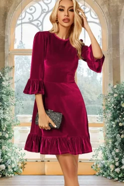Velvet Frill Detail Mini Dress In Violet Red