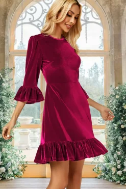 Velvet Frill Detail Mini Dress In Violet Red