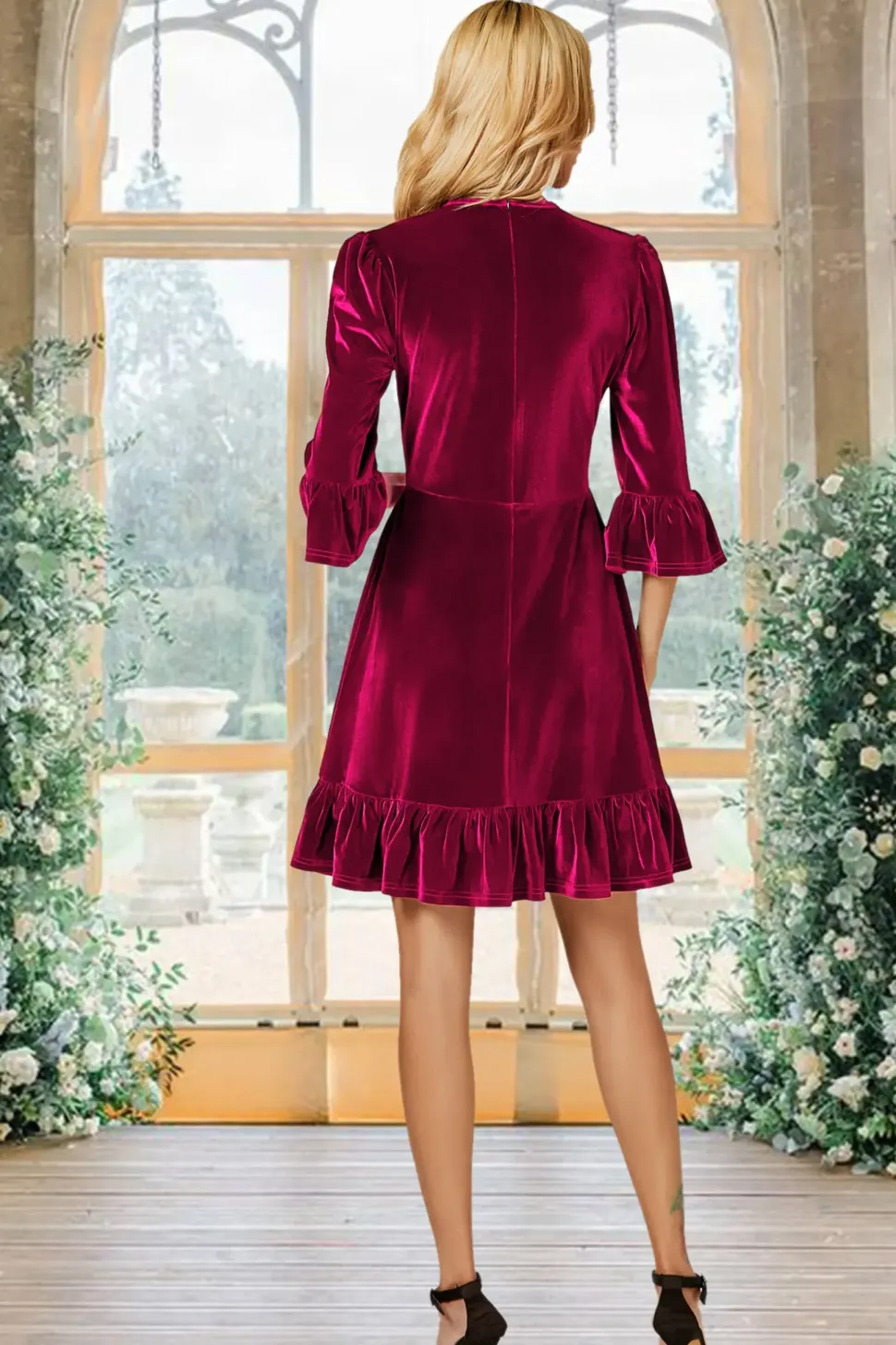 Velvet Frill Detail Mini Dress In Violet Red