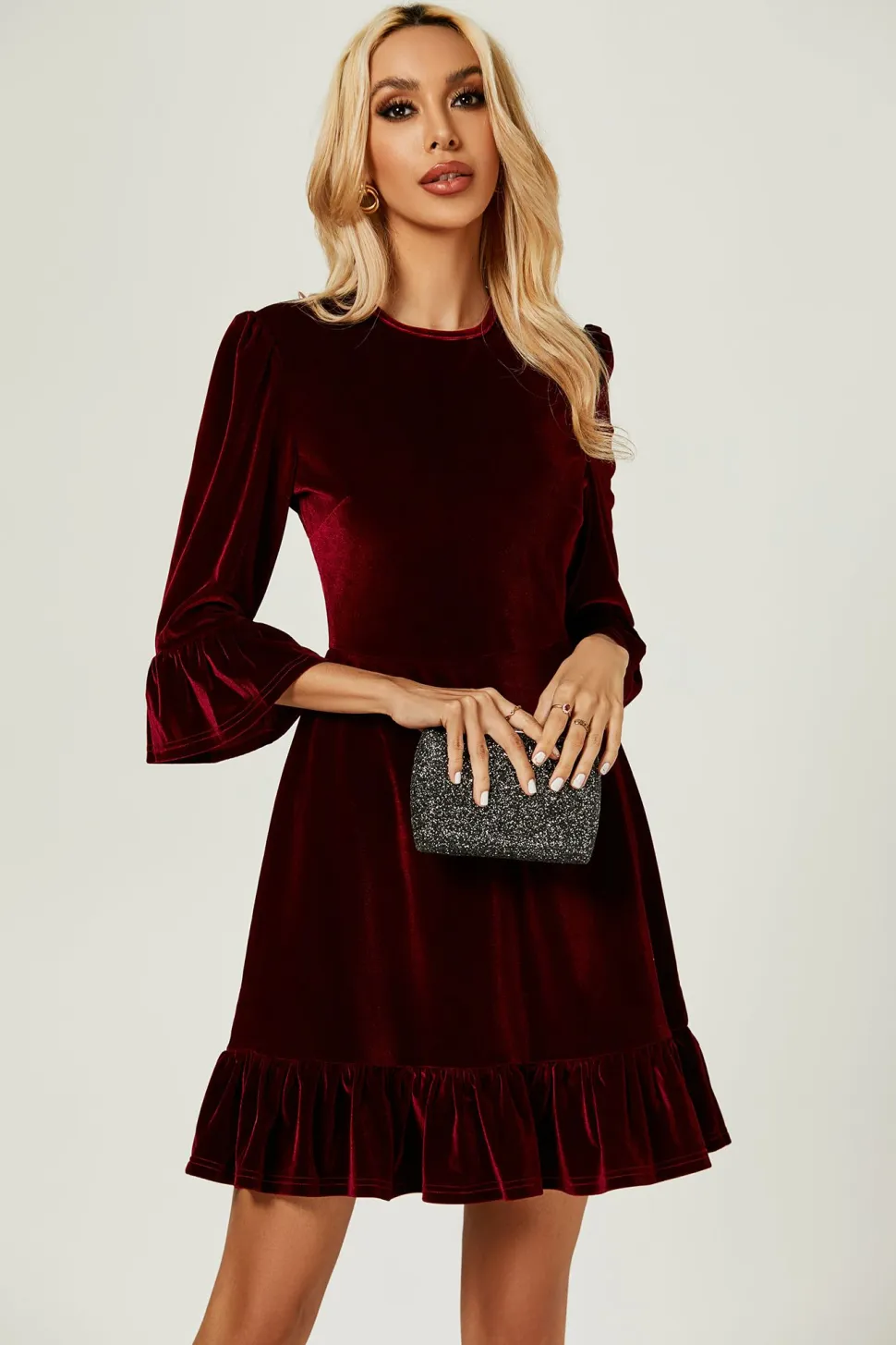 Velvet Frill Detail Mini Dress In Wine