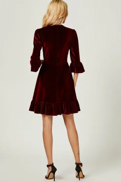 Velvet Frill Detail Mini Dress In Wine