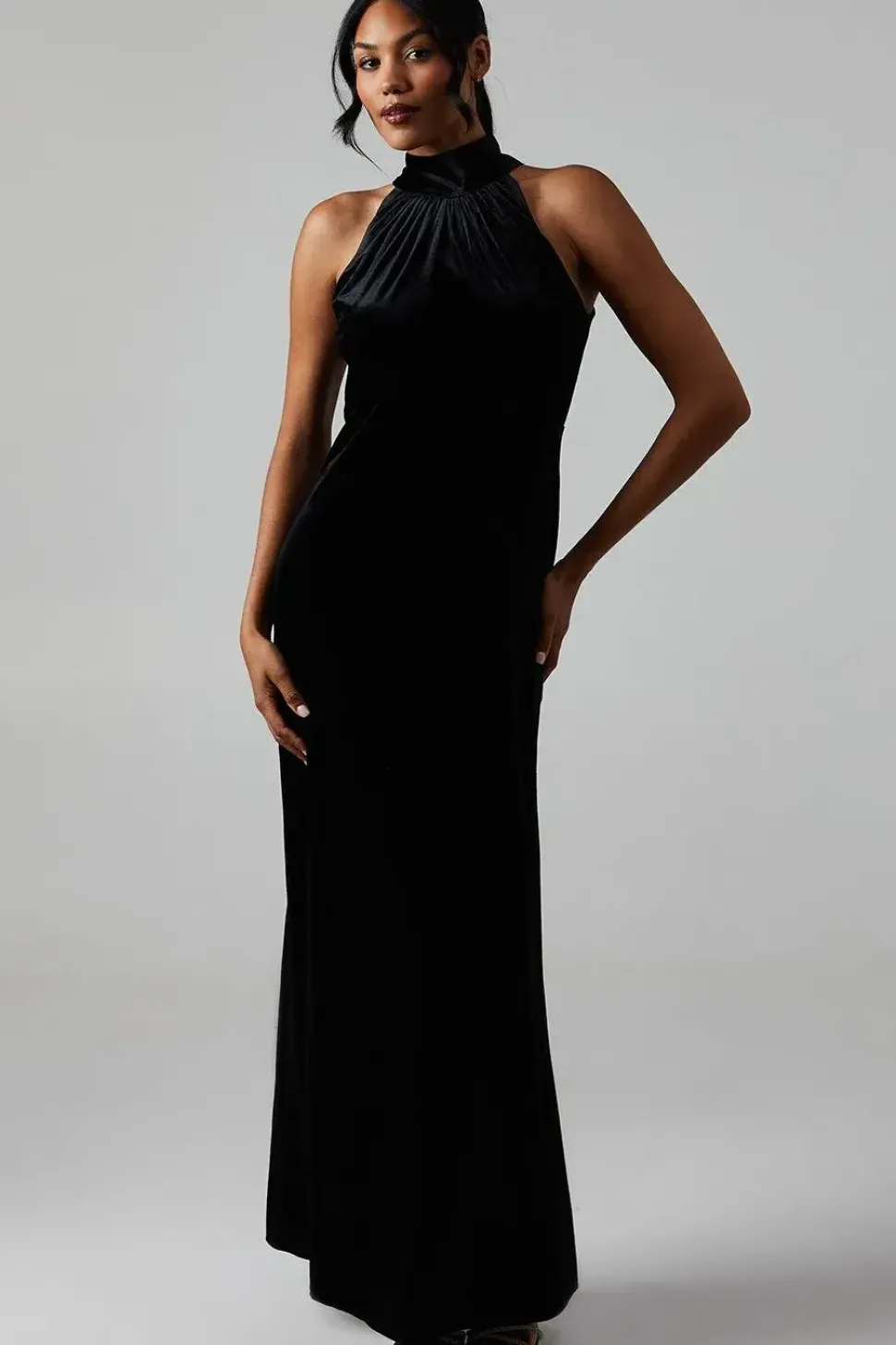 Velvet Halter Bias Cut Maxi Bridesmaids Dress