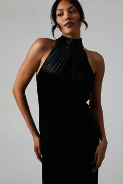 Velvet Halter Bias Cut Maxi Bridesmaids Dress
