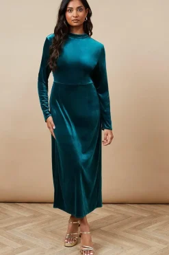 Velvet High Neck Twist Back Midi Dress